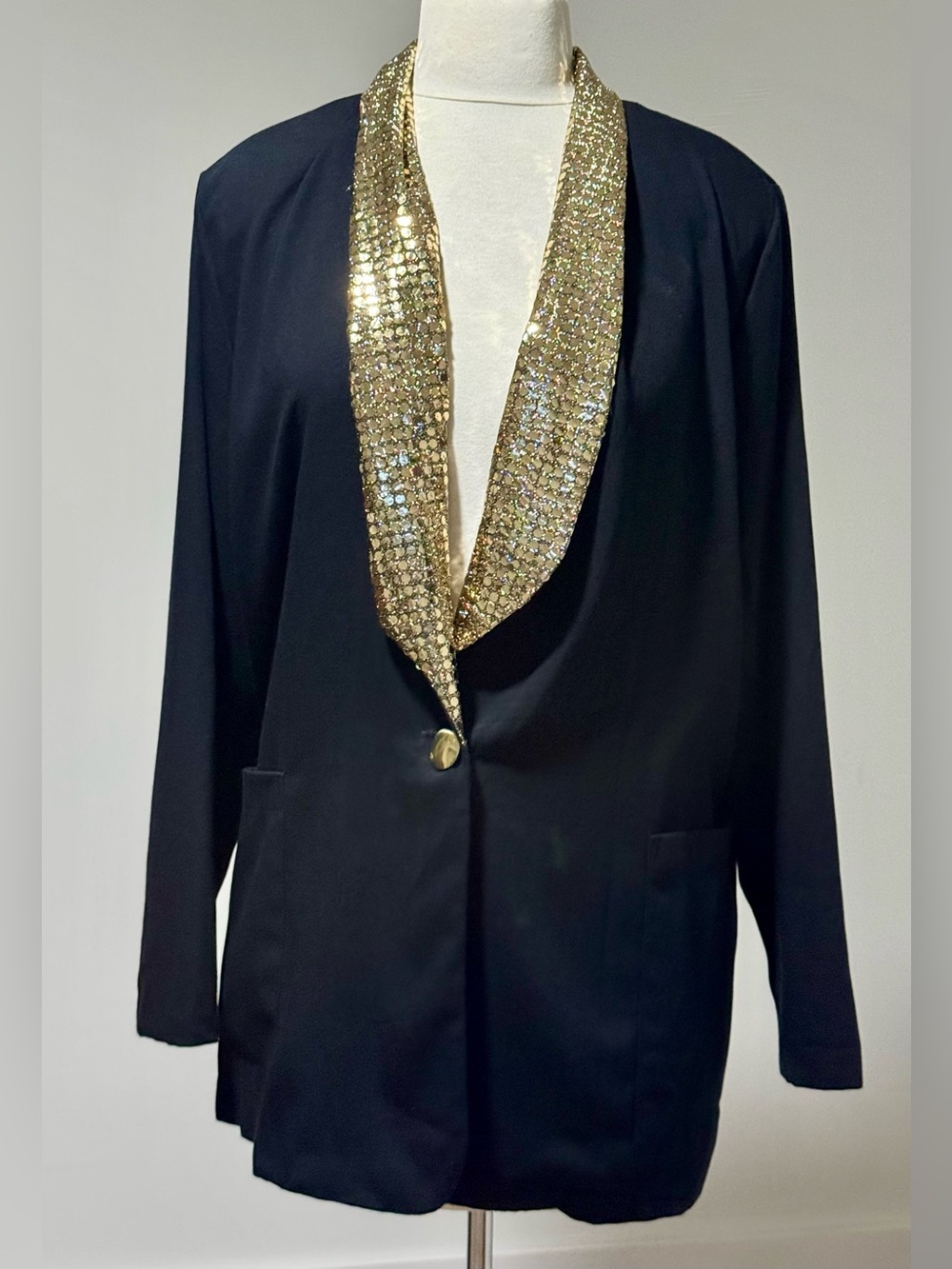 Vintage Black Blazer Gold Sequin Shawl Collar 1X Evening Party Festive Plus Size